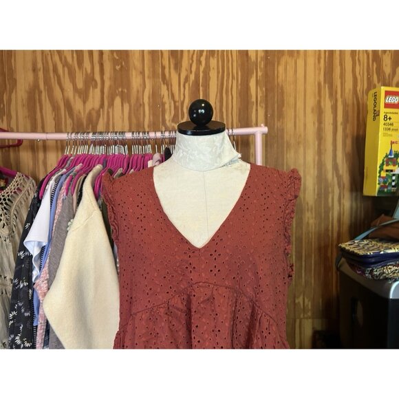 KNOX ROSE Dusty Rose All over Eyelet Boho Dress Sleeveless Sz L Cotton V-Neck - Picture 3 of 8